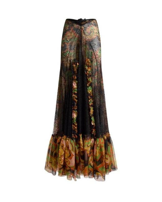 Etro Natural Silk Maxi Skirt With Lace And Floral Motif
