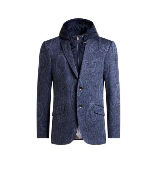 Etro Blue Cotton-Blend Jacquard Jacket With Arnica Motif And Bib for men