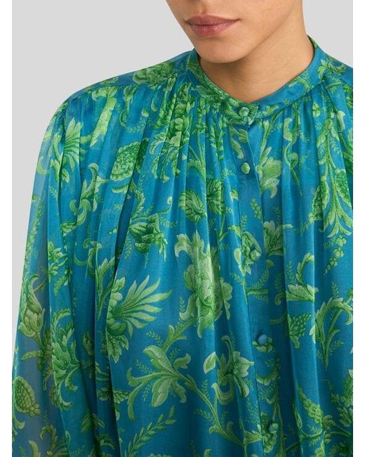 Etro Green Silk Shirt With Gathering And Floral Motif