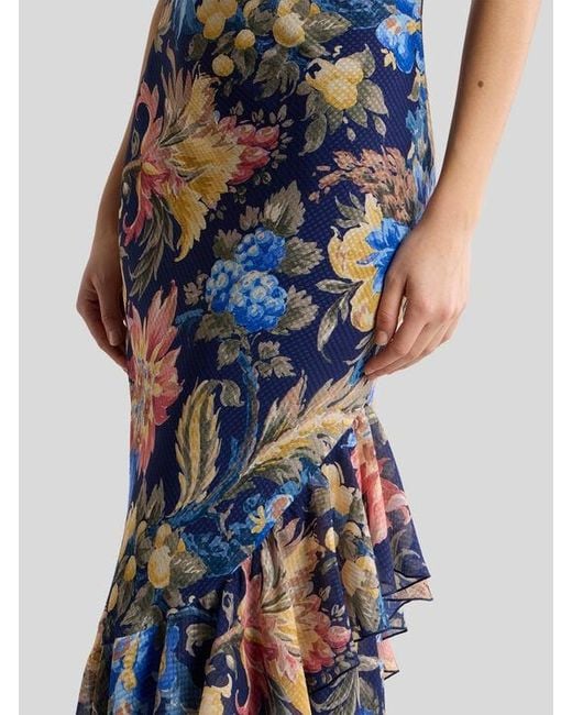 Etro White Long Seersucker Dress With Ruffles And Floral Motif