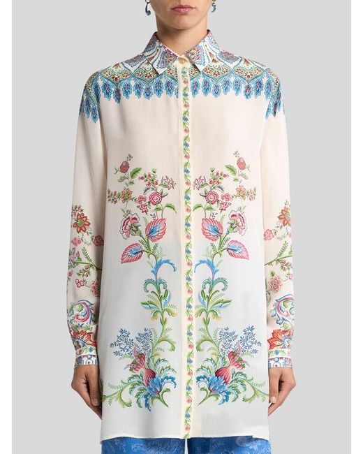 Etro White Long Silk Shirt With Placed Floral Print