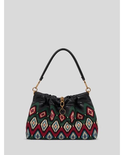 Etro White Medium Leather Vela Blossom Bag With Diamond Embroidery