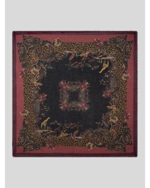 Etro Brown Wool, Cashmere And Silk Shawl With Animal And Paisley Motif