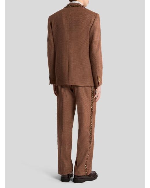 Etro Brown Single-Breasted Wool And Cashmere Jacket With Feathers And Micro Houndstooth Motif for men