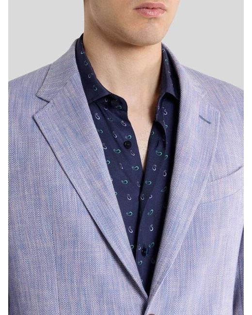 Etro Blue Single-Breasted Cotton Jacket With Chevron Motif for men