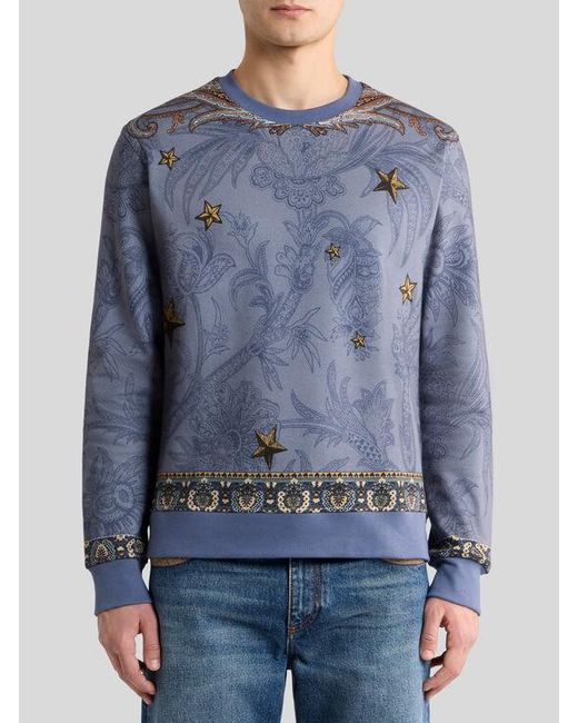 Etro Blue Cotton-Blend Sweatshirt With Placed Pegaso Print for men