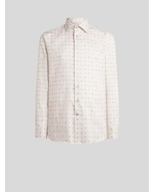 Etro White Cotton Sateen Shirt With Micro Paisley Motif for men