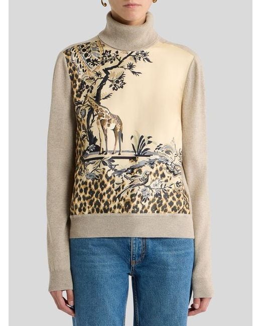 Etro White Wool-Blend Turtleneck Sweater With Placed Animal And Paisley Print