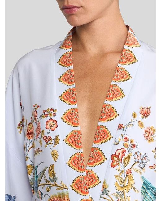 Etro White Silk Kimono With Placed Flora And Fauna Print