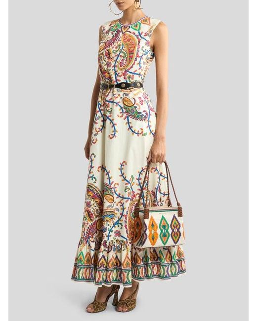 Etro White Long Cotton Dress With Placed Floral Paisley Print