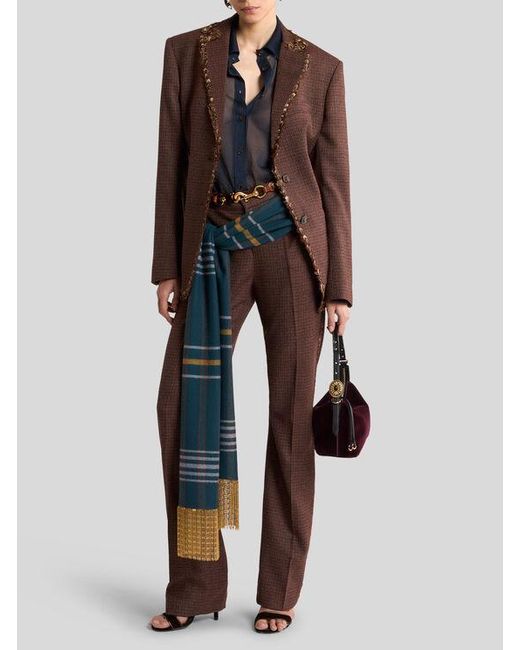 Etro Brown Straight-Leg Wool Trousers With Pheasant Feathers And Micro Houndstooth Motif