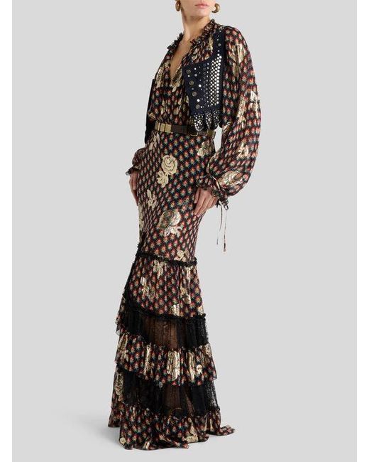 Etro Brown Silk Shirt With Fil Coupé Roses And Tie-Inspired Motif