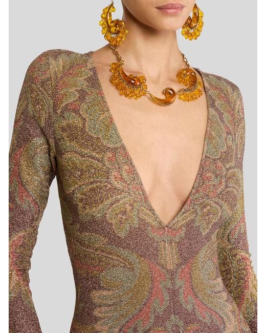 Etro Natural Long Jersey Dress With Floral Motif