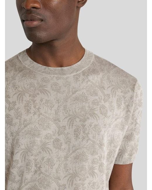 Etro Gray Knit Wool And Silk T-Shirt With Floral Paisley Motif for men