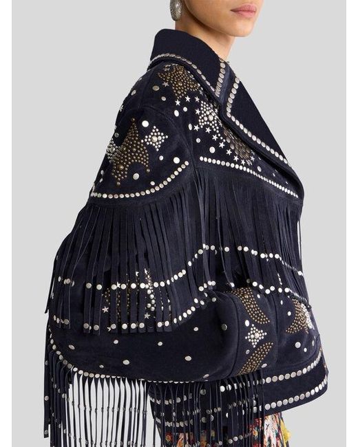 Etro Black Leather Jacket With Studs And Fringing
