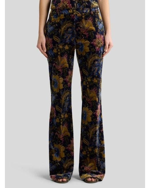 Etro Black Cotton Velvet Trousers With Floral Overprint