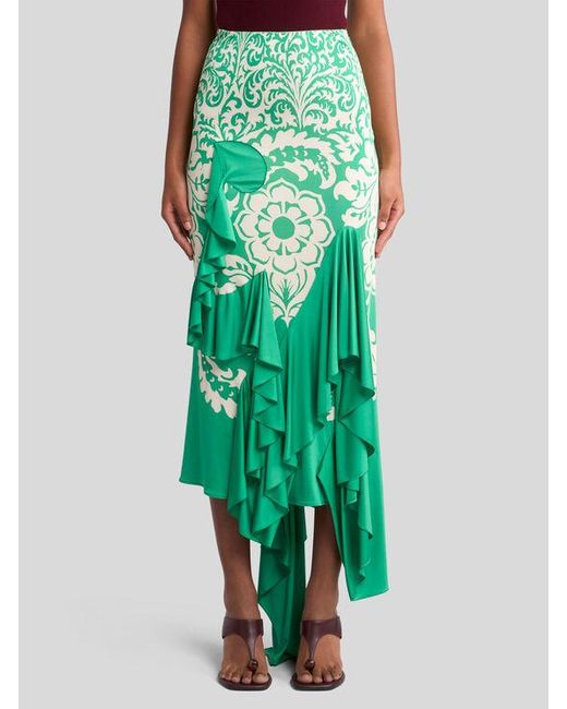 Etro Green Asymmetric Jersey Skirt With Flounce And Print