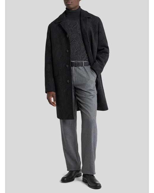 Etro Black Wool And Cashmere Jacquard Coat With Arnica Motif for men