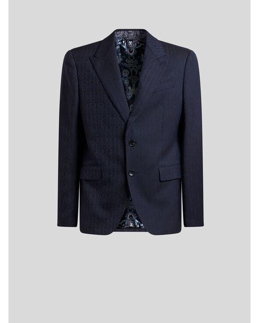 Etro Blue Wool Jacquard Blazer for men