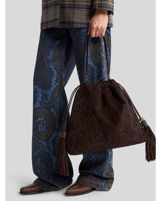Etro Brown Large Suede Kalispera Bag With Patch And Tassels