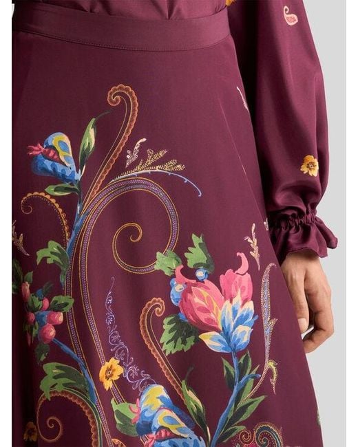 Etro Red Silk Maxi Skirt With Placed Floral Paisley Print