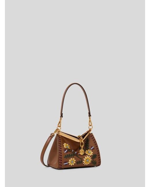 Etro Natural Small Leather Vela Bag With Threading And Floral Motif