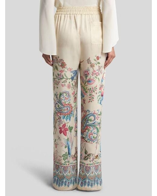 Etro White Wide-Leg Trousers With Placed Flora And Fauna Print