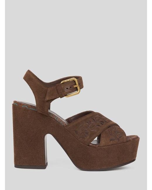 Etro Brown Suede Platform Sandals With Embroidery