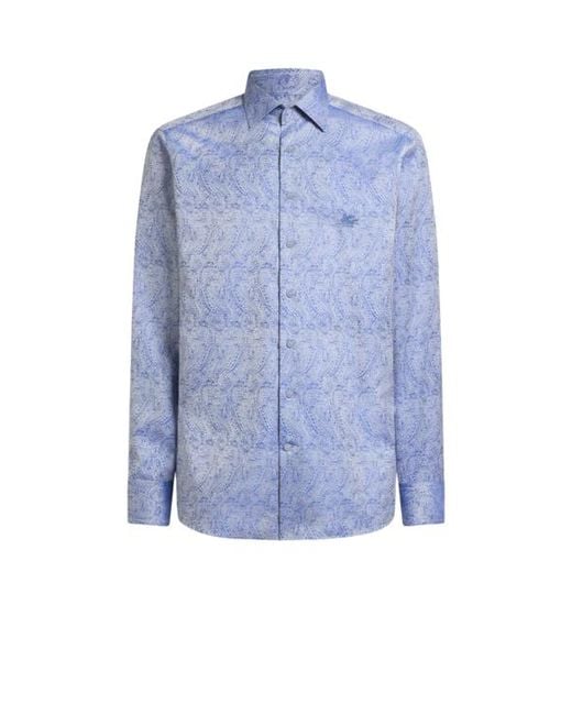 Etro Blue Cotton Jacquard Shirt With Paisley Motif And Pegaso Embroidery for men
