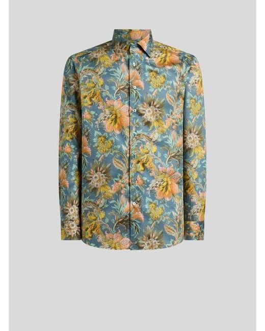 Etro Green Cotton Satin Shirt With Floral Motif for men
