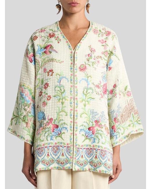 Etro White Cotton-Blend Basketweave Kesa With Flora And Fauna Motif