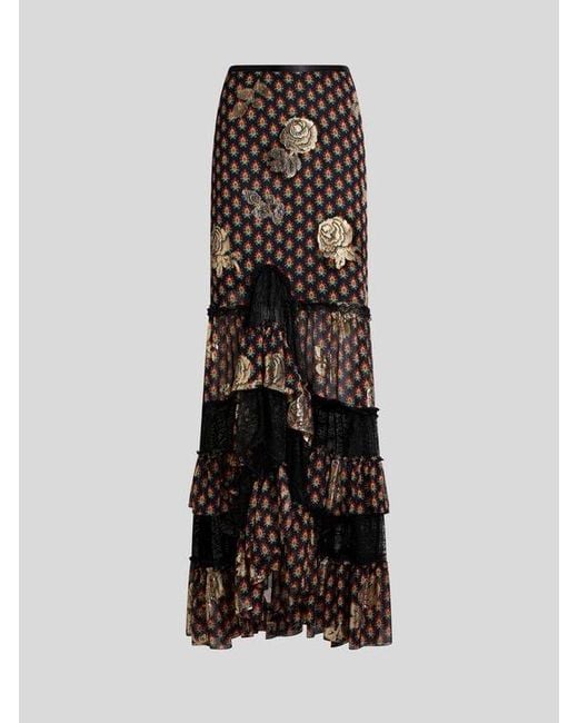 Etro Black Silk And Lace Maxi Skirt With Fil Coupé Roses And Tie-Inspired Motif