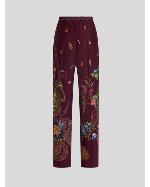 Etro Red Silk Trousers With Micro Motif And Placed Floral Paisley Print