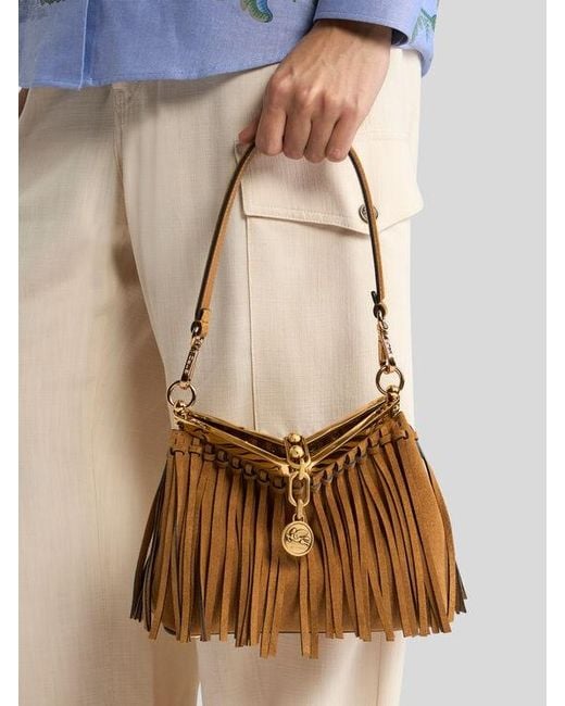 Etro Natural Small Suede Vela Bag With Fringing