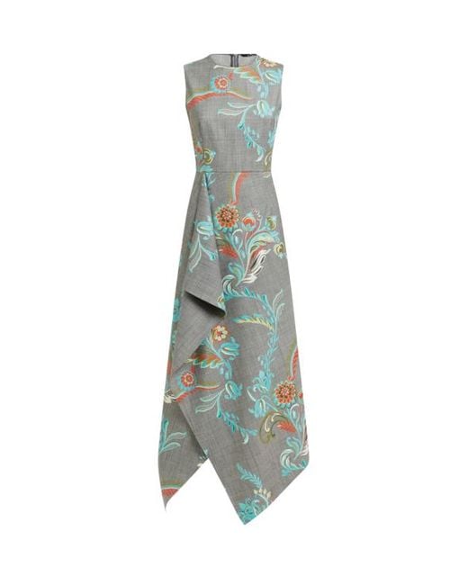 Etro Green Asymmetric Wool-Blend Midi Dress With Daffodil Print