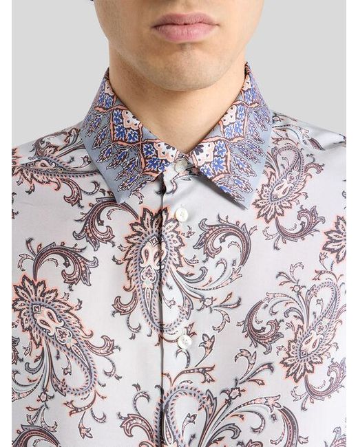Etro White Silk Shirt With Placed Leafy Paisley Print for men