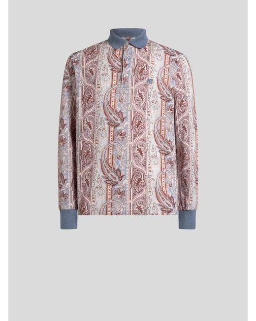 Etro Pink Cotton Pique Polo Shirt With Leafy Paisley Motif for men