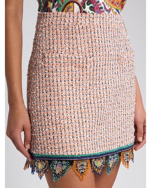 Etro White Jacquard Mini Skirt With Tweed Effect, Fringing And Check Motif
