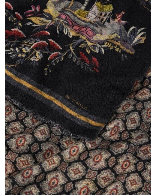 Etro Black Brushed Wool Scarf With Two Prints for men