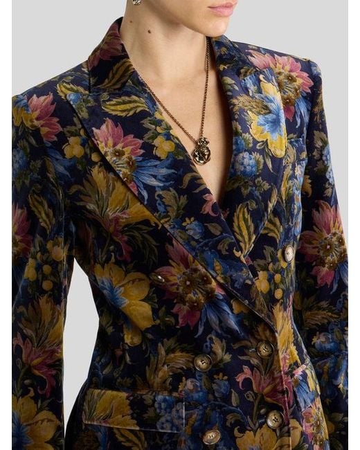 Etro Black Double-Breasted Cotton Velvet Jacket With Floral Overprint