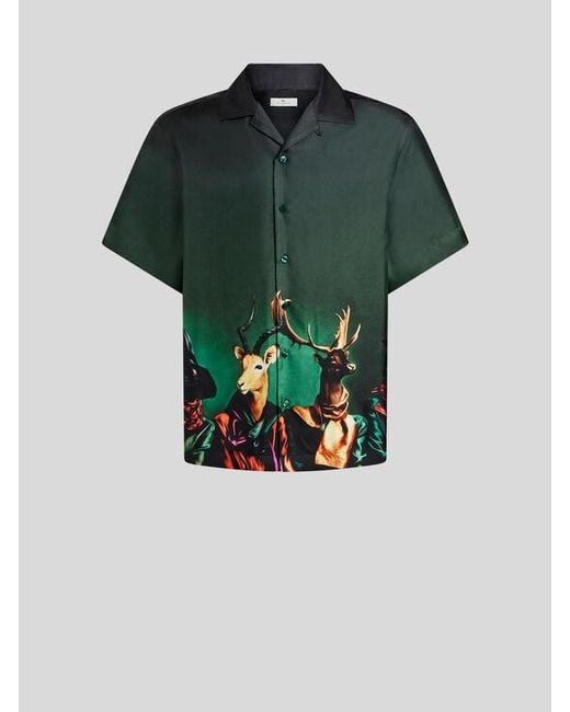 Etro Green Silk Bowling Shirt With Placed Animal Print for men