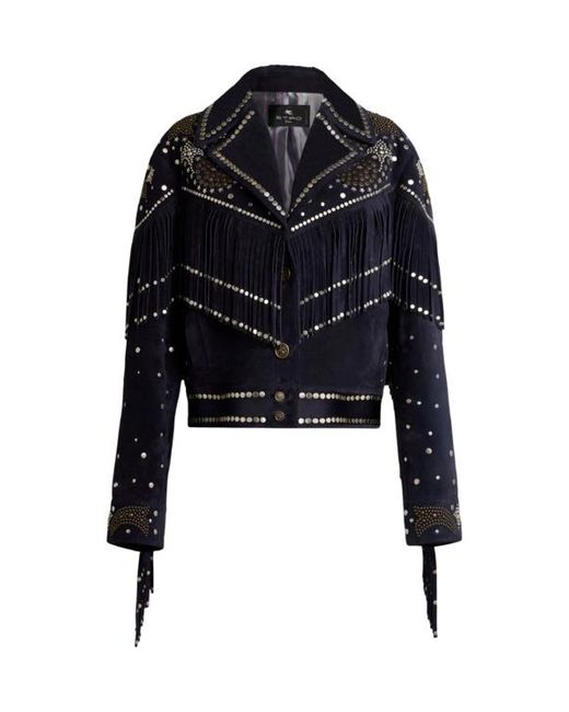 Etro Black Leather Jacket With Studs And Fringing