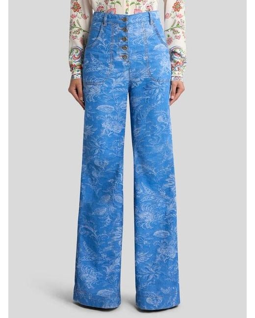 Etro Blue Flared Cotton And Linen Jacquard Denim Jeans With Floral Motif
