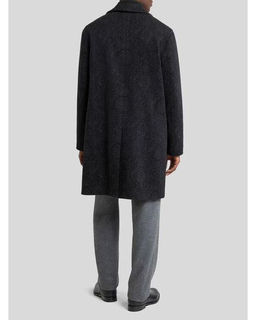 Etro Black Wool And Cashmere Jacquard Coat With Arnica Motif for men