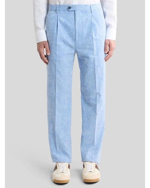 Etro Blue Striped Wool Jacquard Trousers With Floral Paisley Motif for men