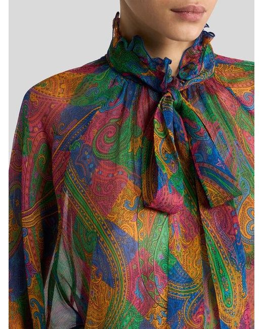 Etro Multicolor Silk Crepon Blouse With Geometric Paisley Motif