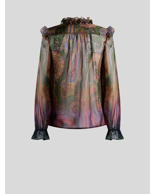 Etro Brown Silk Shirt With Placed Degradé Paisley Print