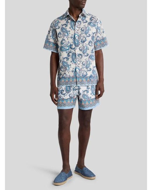 Etro Blue Swim Shorts With Placed Leafy Paisley Print for men