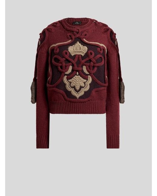 Etro Red Ribbed Wool Sweater With Tassels And Embroidery
