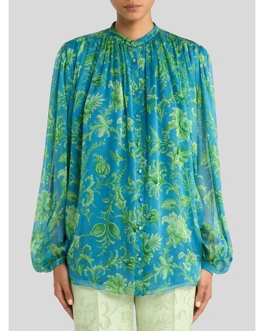 Etro Green Silk Shirt With Gathering And Floral Motif